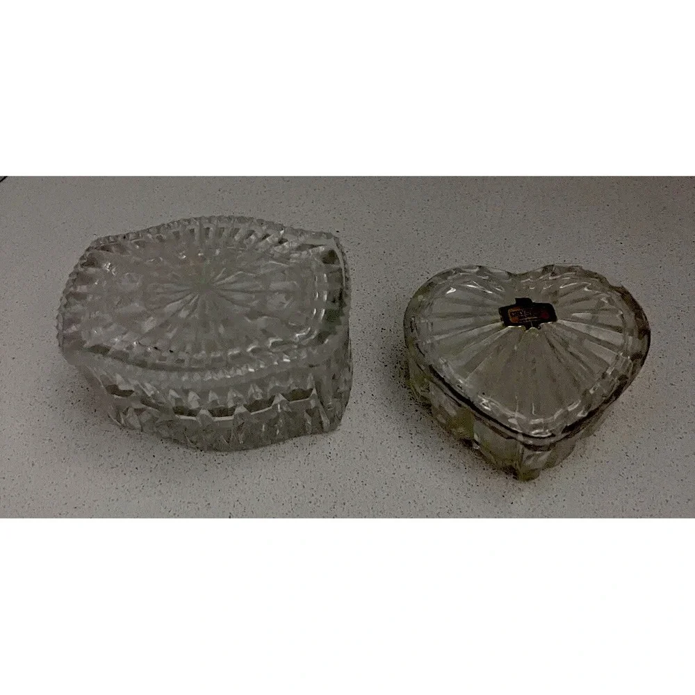 Vtg Crystal Trinket Boxes With Lids Rectangle Box & Heart Shaped From Yugoslavia
